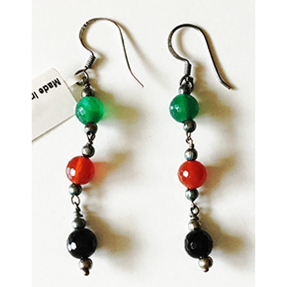 Sterling Silver .925 Green & Red Agate, Black Onyx Bead Dangle Earrings NWT